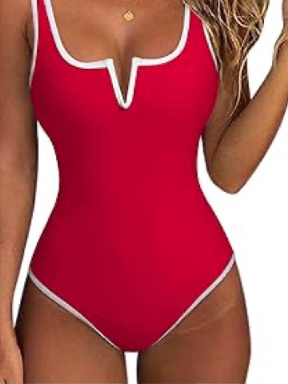 Red One-Piece Swimsuit with white trim - Picture 8 of 8